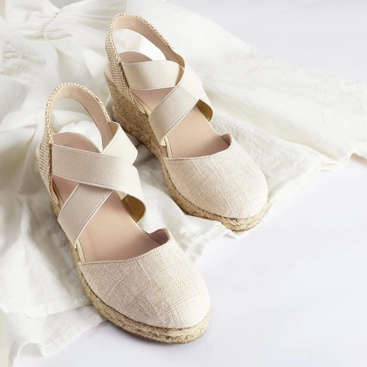 mysoft Women's Closed Toe Crisscross Elastic Ankle Strap Platform Espadrille Wedge Sandals