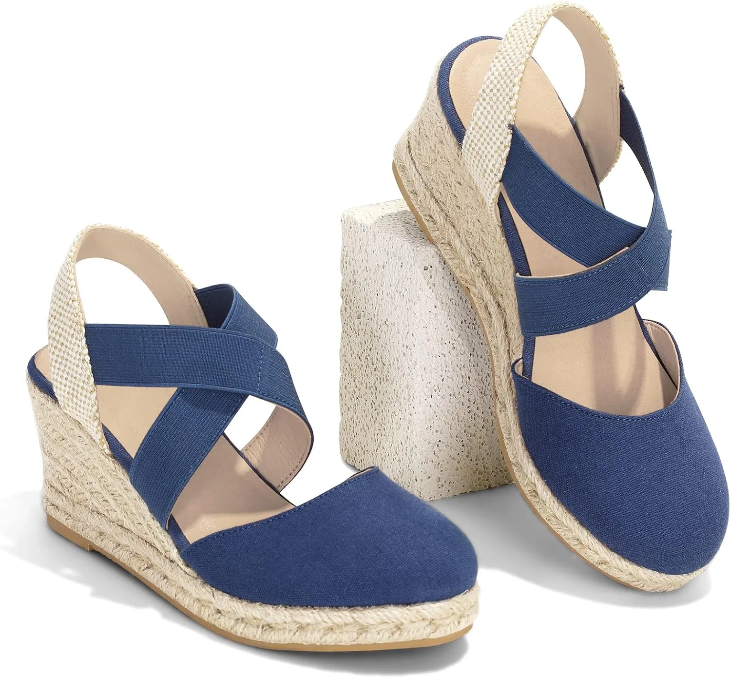 mysoft Women's Closed Toe Crisscross Elastic Ankle Strap Platform Espadrille Wedge Sandals