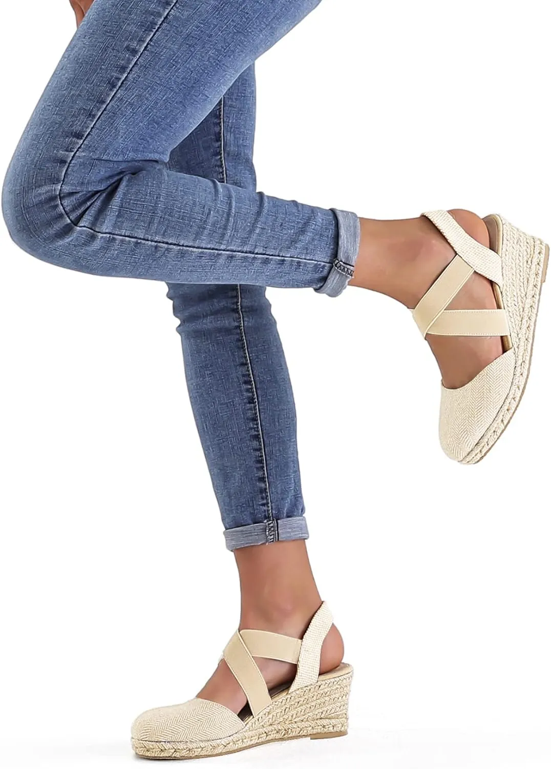 mysoft Women's Closed Toe Crisscross Elastic Ankle Strap Platform Espadrille Wedge Sandals