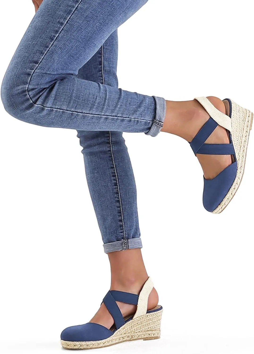 mysoft Women's Closed Toe Crisscross Elastic Ankle Strap Platform Espadrille Wedge Sandals