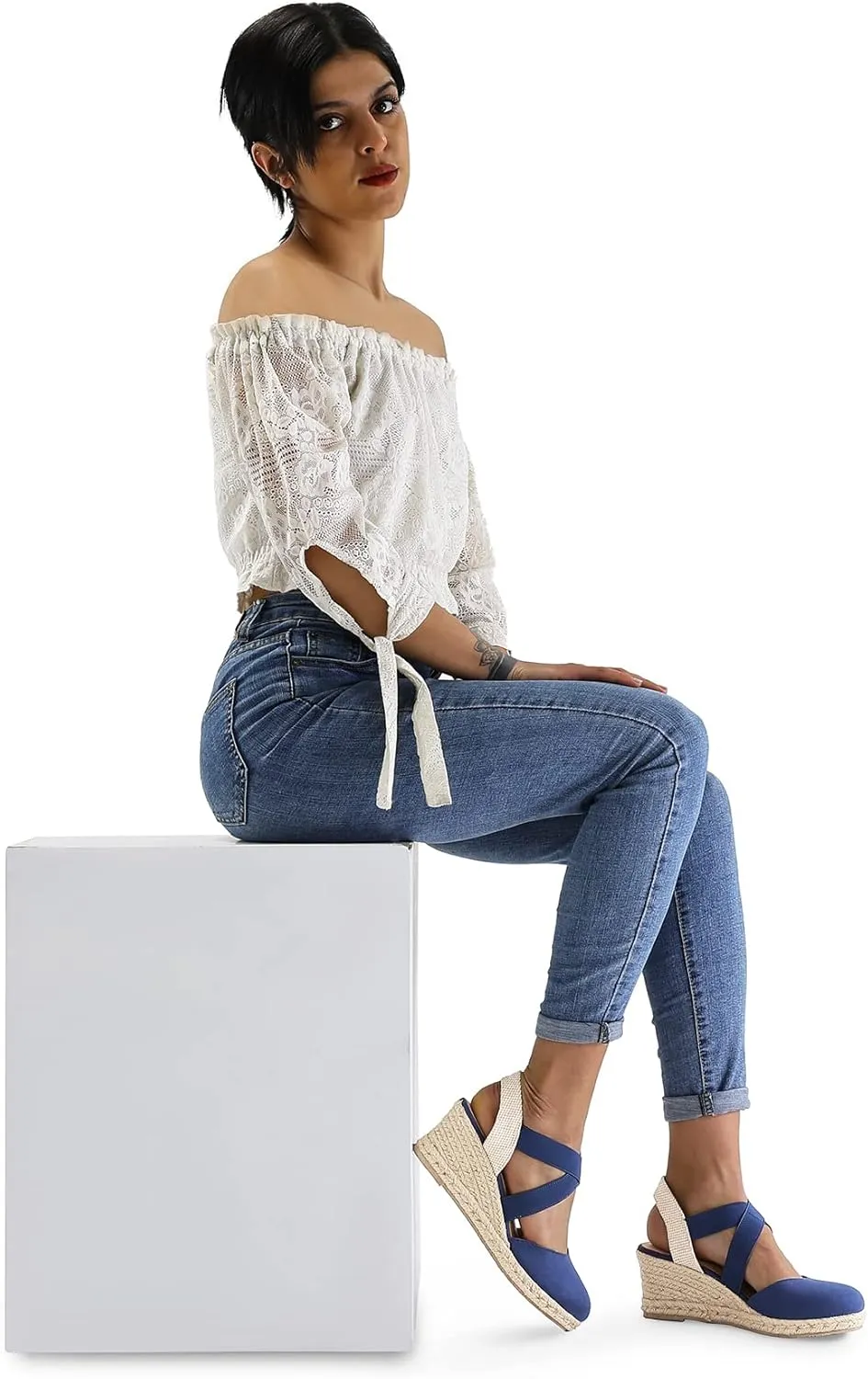 mysoft Women's Closed Toe Crisscross Elastic Ankle Strap Platform Espadrille Wedge Sandals
