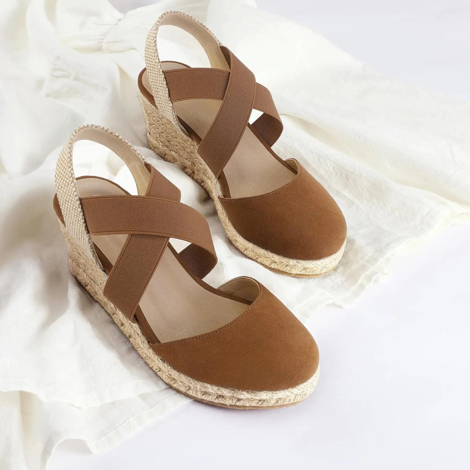 mysoft Women's Closed Toe Crisscross Elastic Ankle Strap Platform Espadrille Wedge Sandals