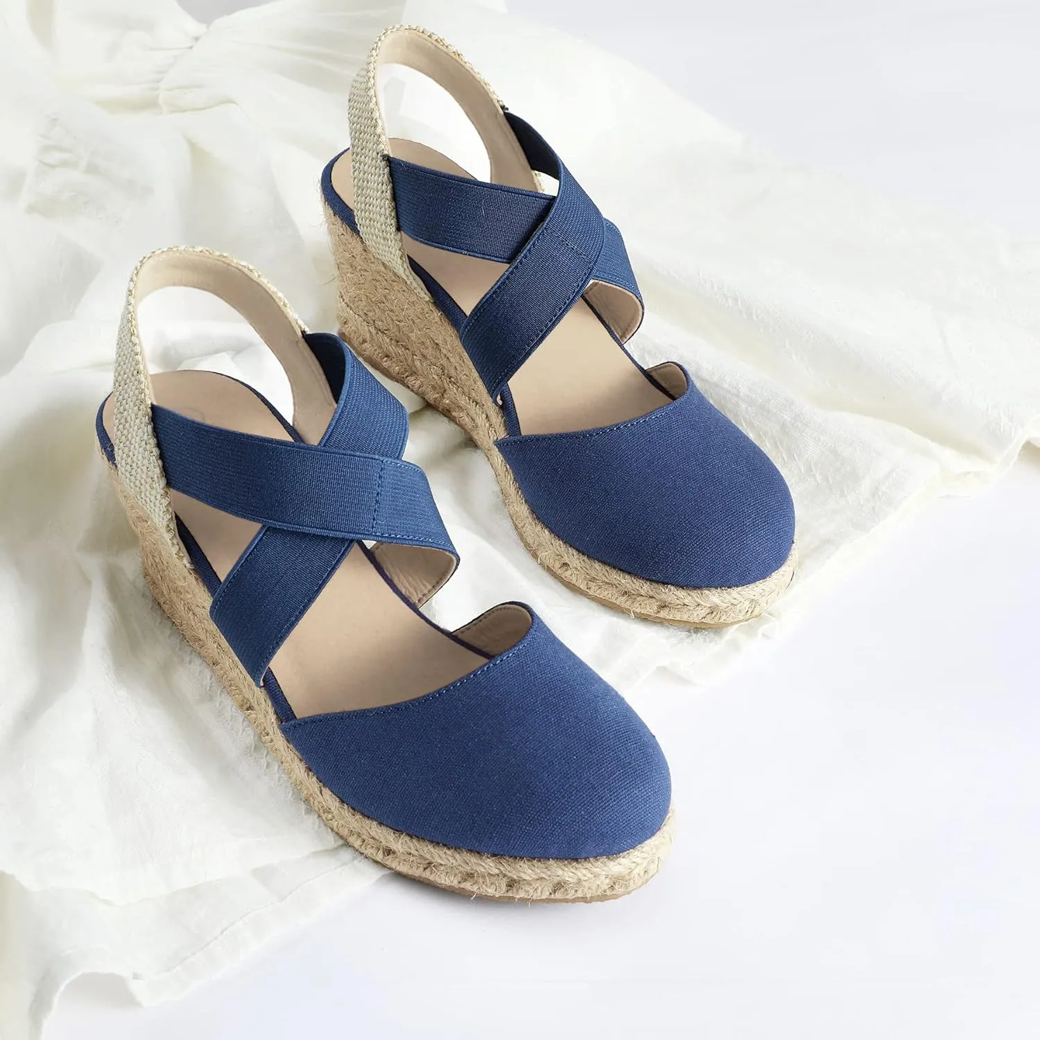 mysoft Women's Closed Toe Crisscross Elastic Ankle Strap Platform Espadrille Wedge Sandals