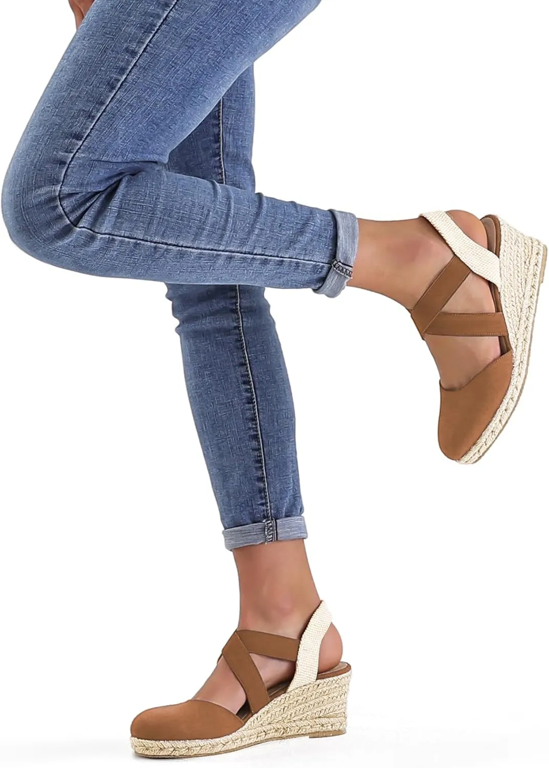 mysoft Women's Closed Toe Crisscross Elastic Ankle Strap Platform Espadrille Wedge Sandals