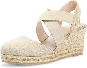 mysoft Women's Closed Toe Crisscross Elastic Ankle Strap Platform Espadrille Wedge Sandals