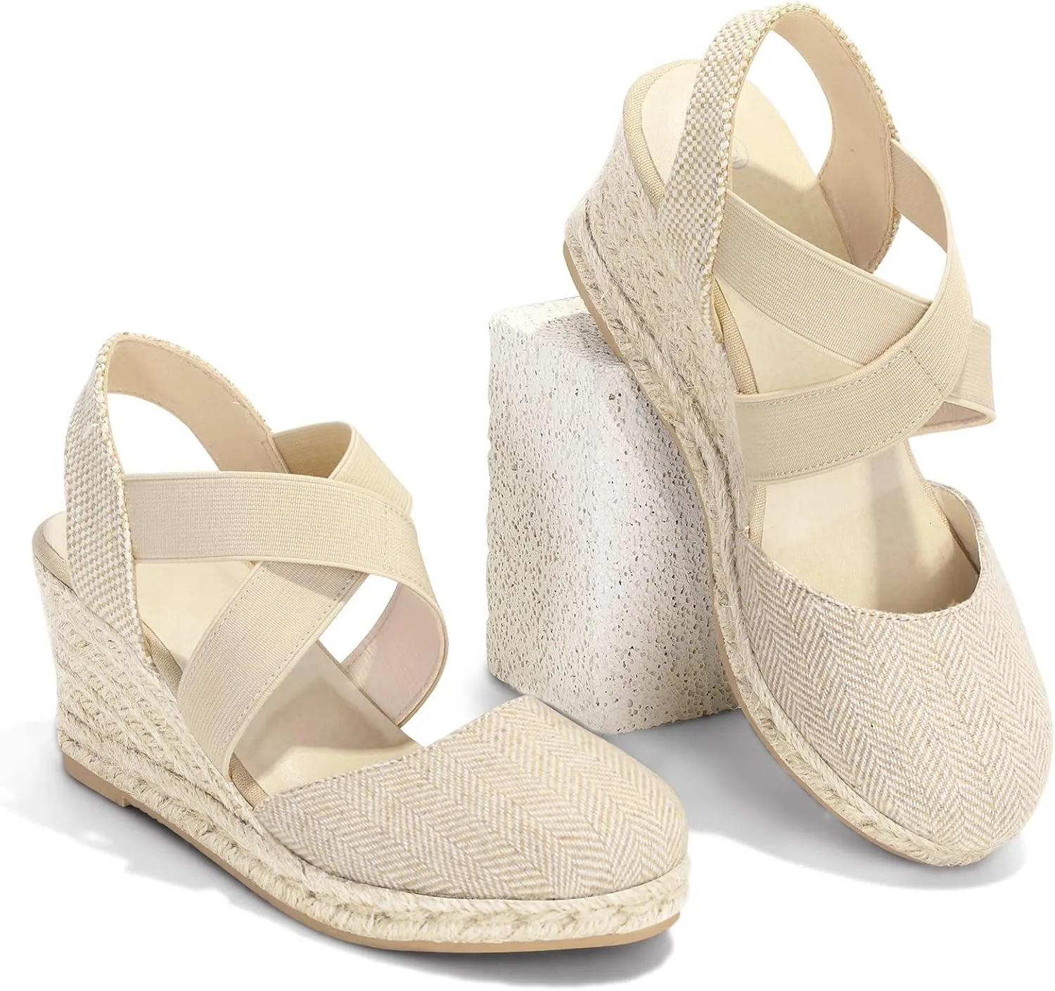 mysoft Women's Closed Toe Crisscross Elastic Ankle Strap Platform Espadrille Wedge Sandals