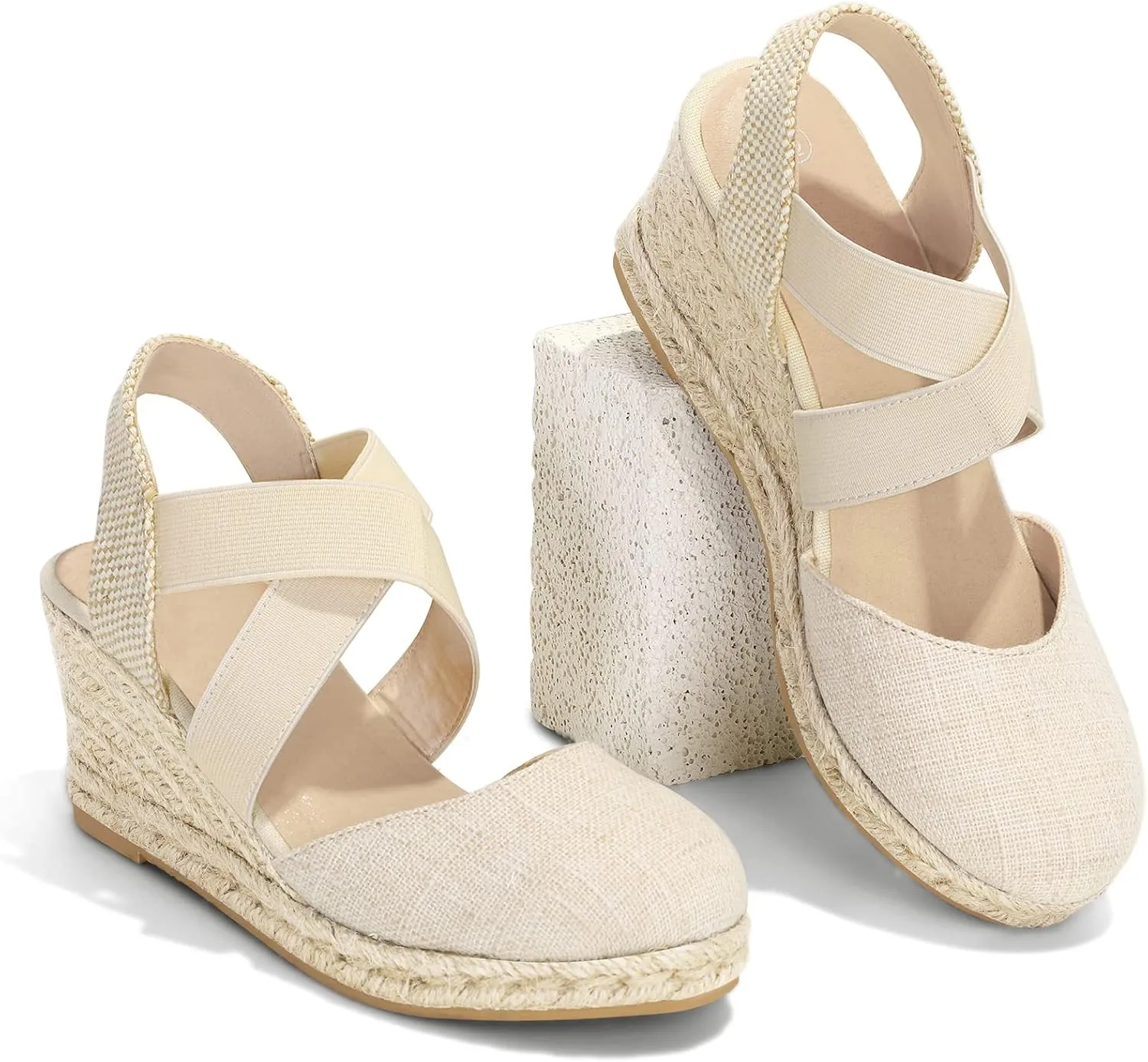 mysoft Women's Closed Toe Crisscross Elastic Ankle Strap Platform Espadrille Wedge Sandals