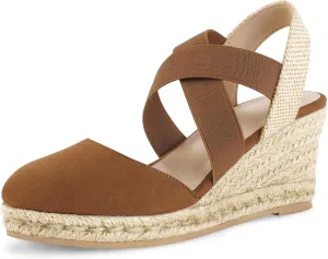 mysoft Women's Closed Toe Crisscross Elastic Ankle Strap Platform Espadrille Wedge Sandals