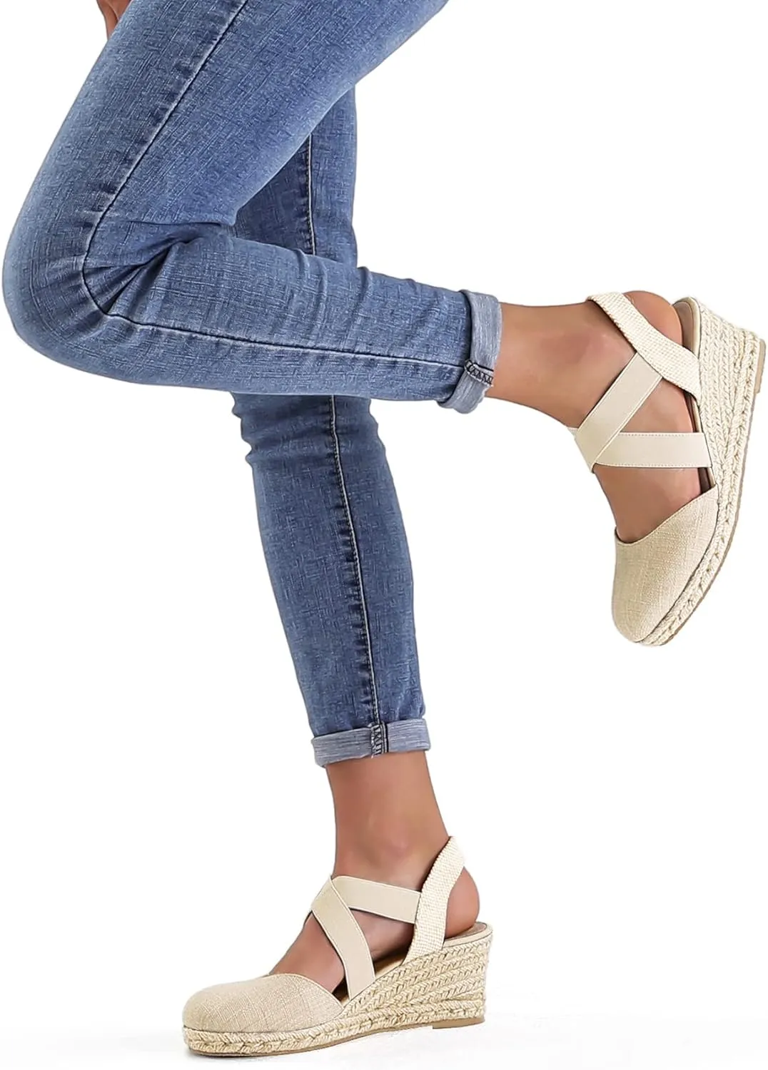 mysoft Women's Closed Toe Crisscross Elastic Ankle Strap Platform Espadrille Wedge Sandals