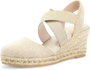mysoft Women's Closed Toe Crisscross Elastic Ankle Strap Platform Espadrille Wedge Sandals