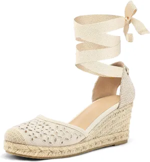 mysoft Women's Espadrille Platform Wedge Sandals Closed Toe Ankle Strap Lace up Summer Shoes