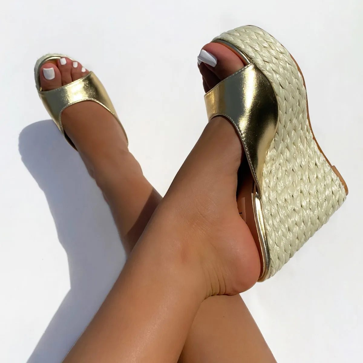 Naia Light Gold Metallic Heeled Wedge Mules