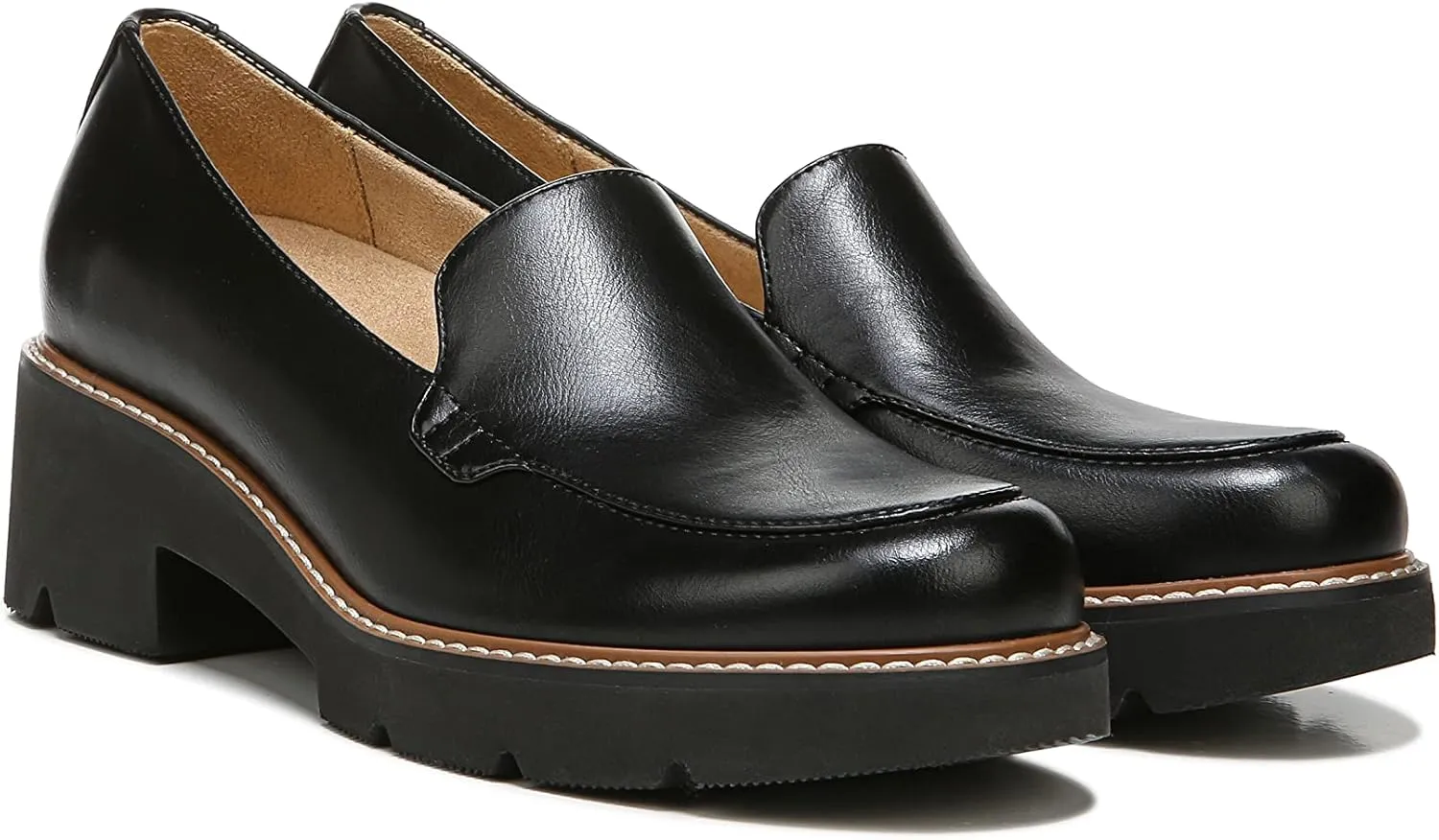 Naturalizer Womens Cabaret Slip On Lightweight Lug Heeled Loafer, Black Smooth, 6 M