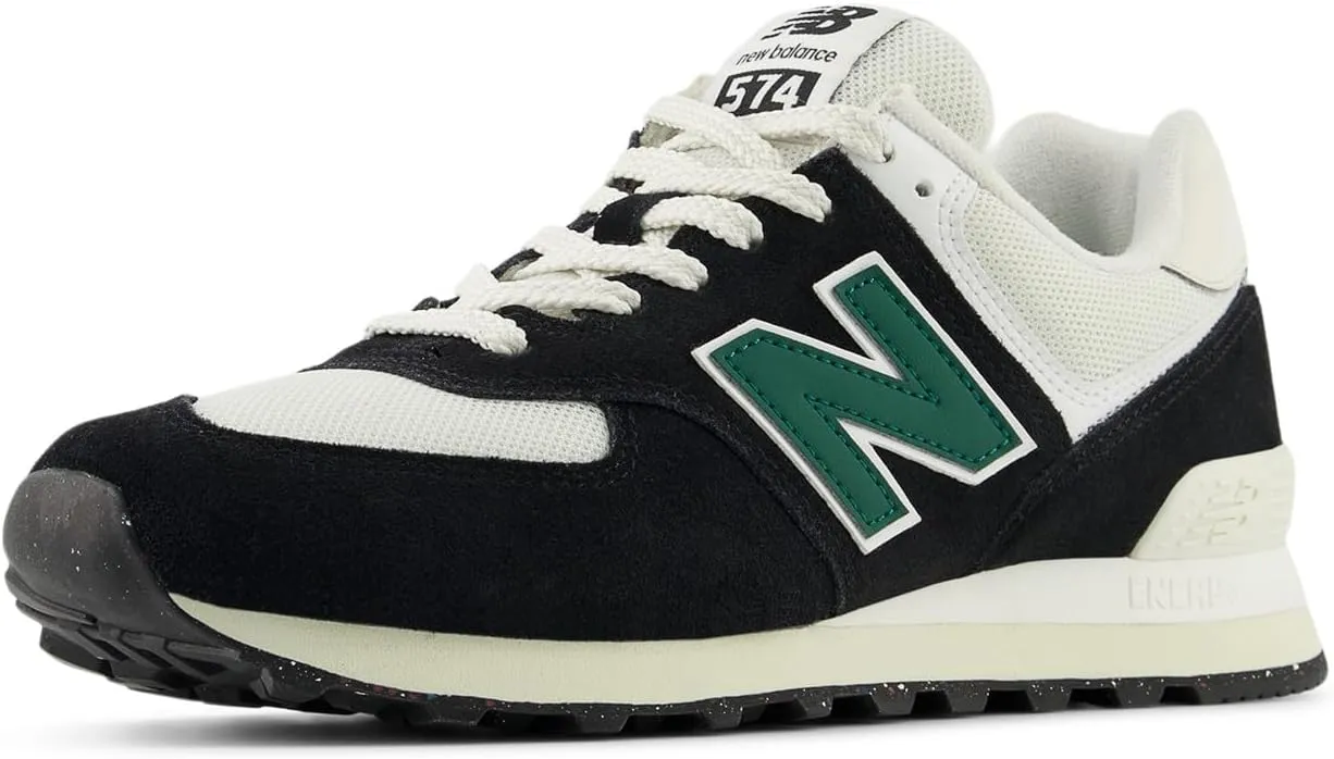 New Balance Unisex 574 V2 Varsity Suede Sneaker, Black/White/Marsh Green, 8.5 US Men