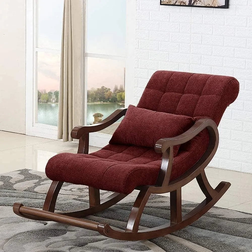 Nordic Wood Rocking Chair,Recliner in The Elderly Chair Adult Sofa Leisure Balcony Easy Chair (Red)
