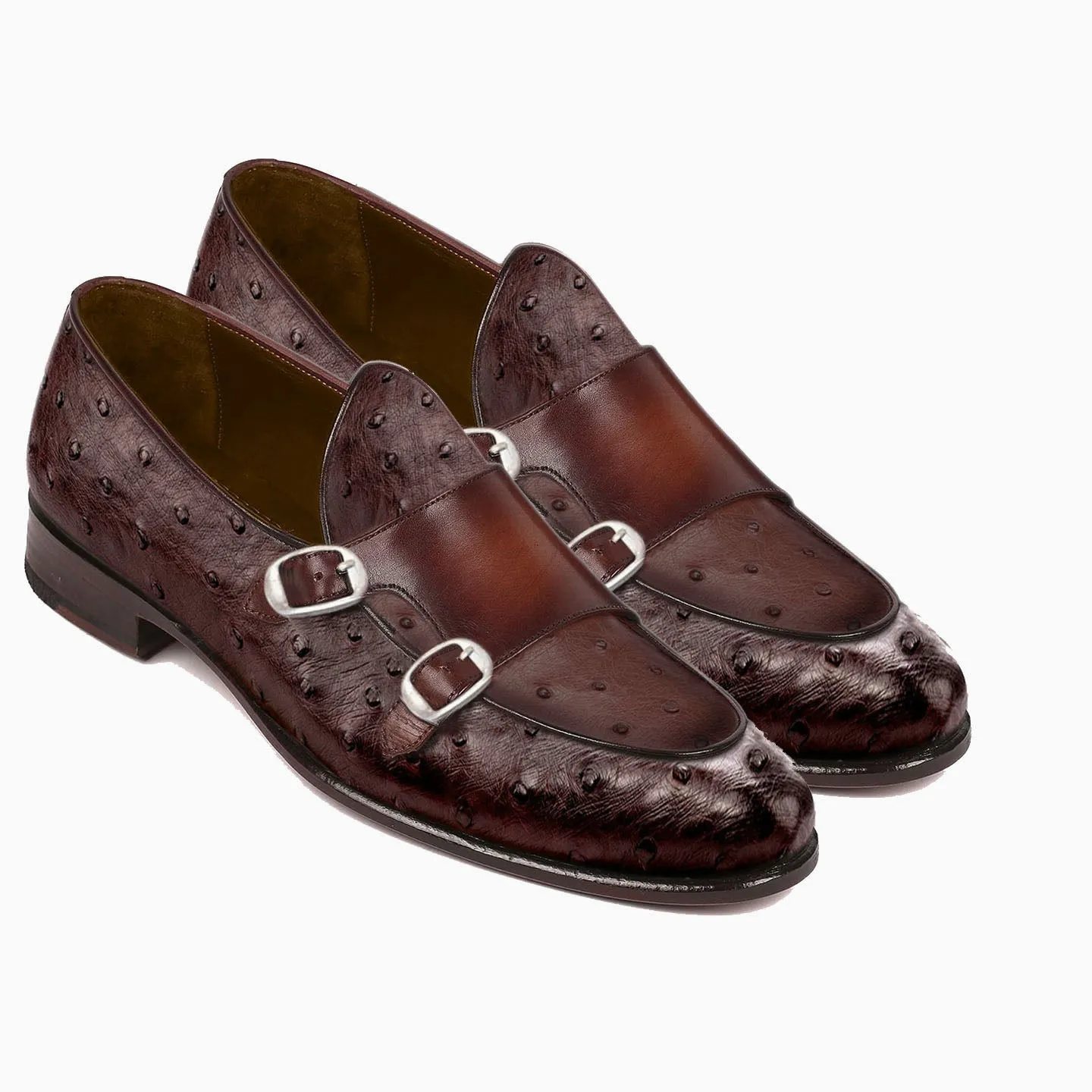 Obeeze Handmade Light Pink Ostrich Leather Double Monkstrap Loafer