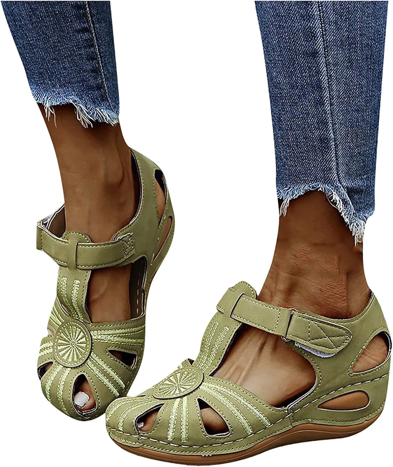oiangi Hook and Loop Sandals for Women Wedge Hollow Closed Toe Summer Solid Color Flowers Beach Shoes Comfortable Casual Ladies Outdoor Slides Sandalias