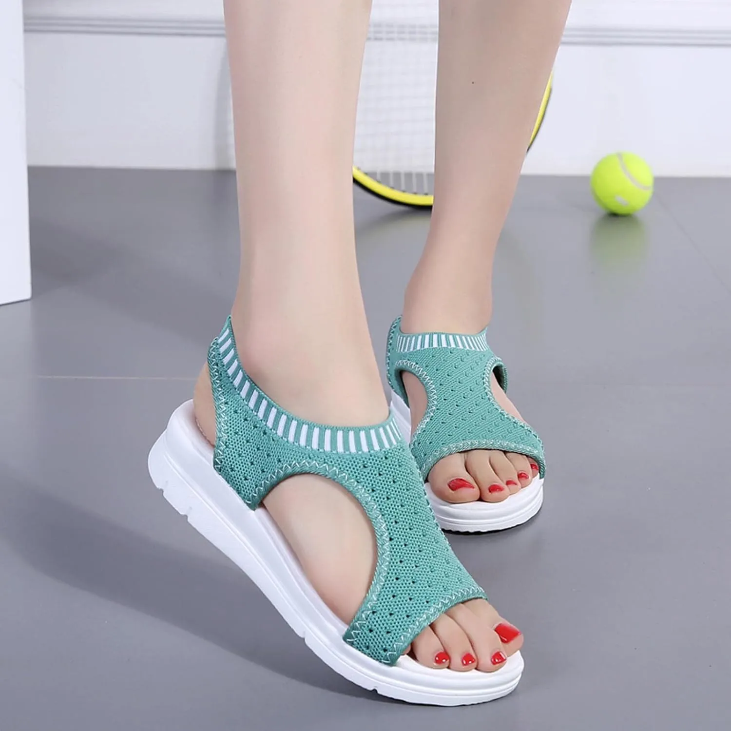 oiangi Knitted Wedge Sandals for Women Fashion Fish Mouth Open Toe Hollow Mesh Breathable Slip-on Platform Sport Sandals Summer Stretchy Comfy Walking Shoes