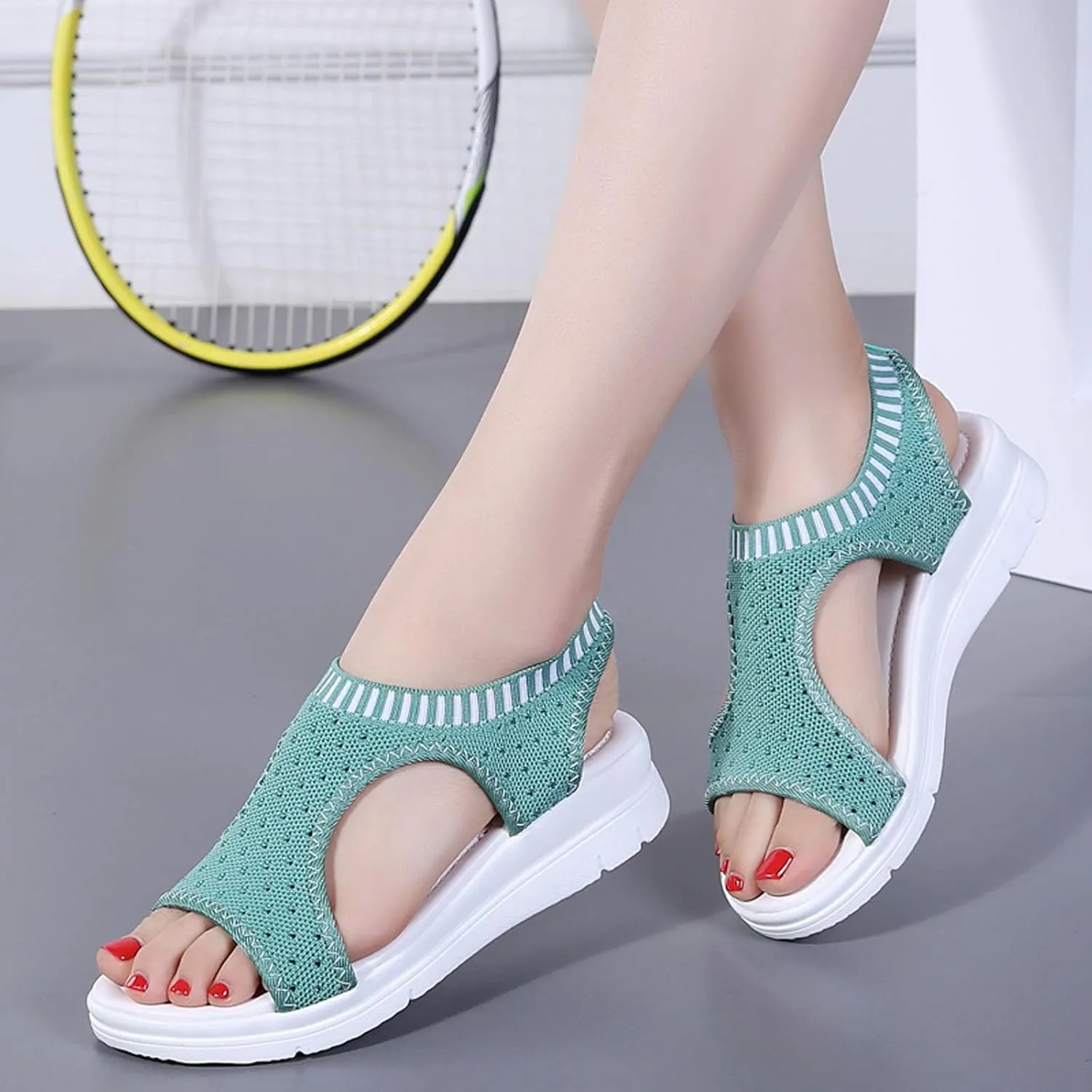 oiangi Knitted Wedge Sandals for Women Fashion Fish Mouth Open Toe Hollow Mesh Breathable Slip-on Platform Sport Sandals Summer Stretchy Comfy Walking Shoes