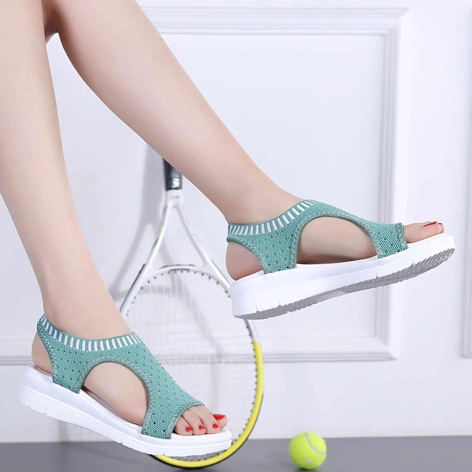 oiangi Knitted Wedge Sandals for Women Fashion Fish Mouth Open Toe Hollow Mesh Breathable Slip-on Platform Sport Sandals Summer Stretchy Comfy Walking Shoes