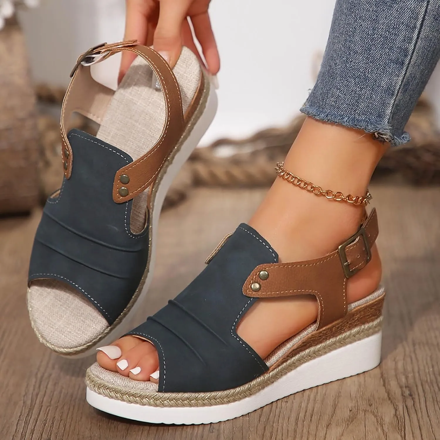 Orthopedic Wedge Sandals for Women Dressy Summer Platform Espadrilles Open Toe Ankle Strap Sandals Womens Casual Strappy Beach Vacation Sandals Comfortable Walking Outdoor Shoes