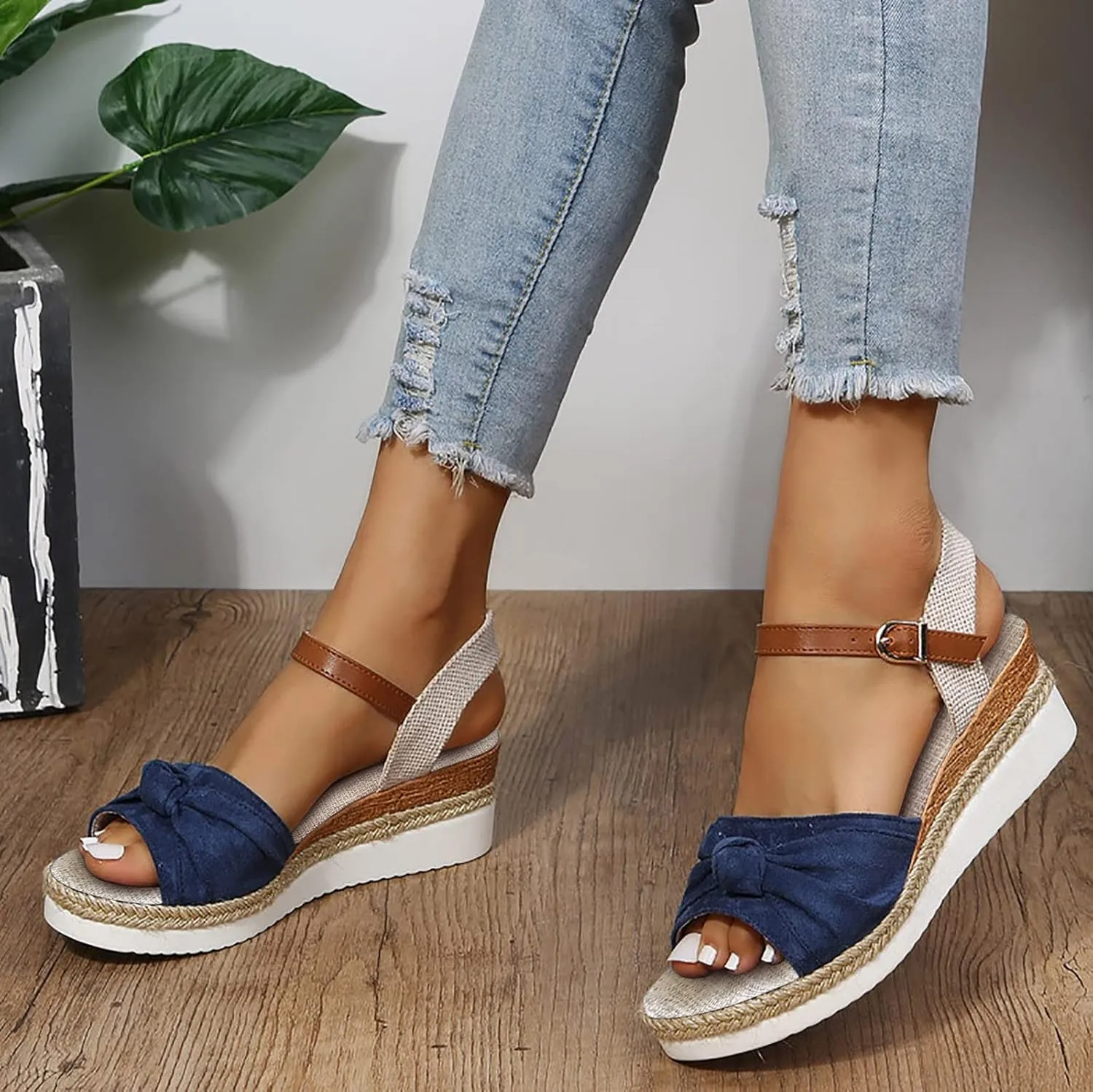 Orthopedic Wedge Sandals for Women Summer Platform Sandals Dressy Open Toe Ankle Strap Casual Low Heel Slip on Sandals Beach Dress Sandals Espadrille Sandals Comfortable Outdoor Shoes (04-Blue, 9)