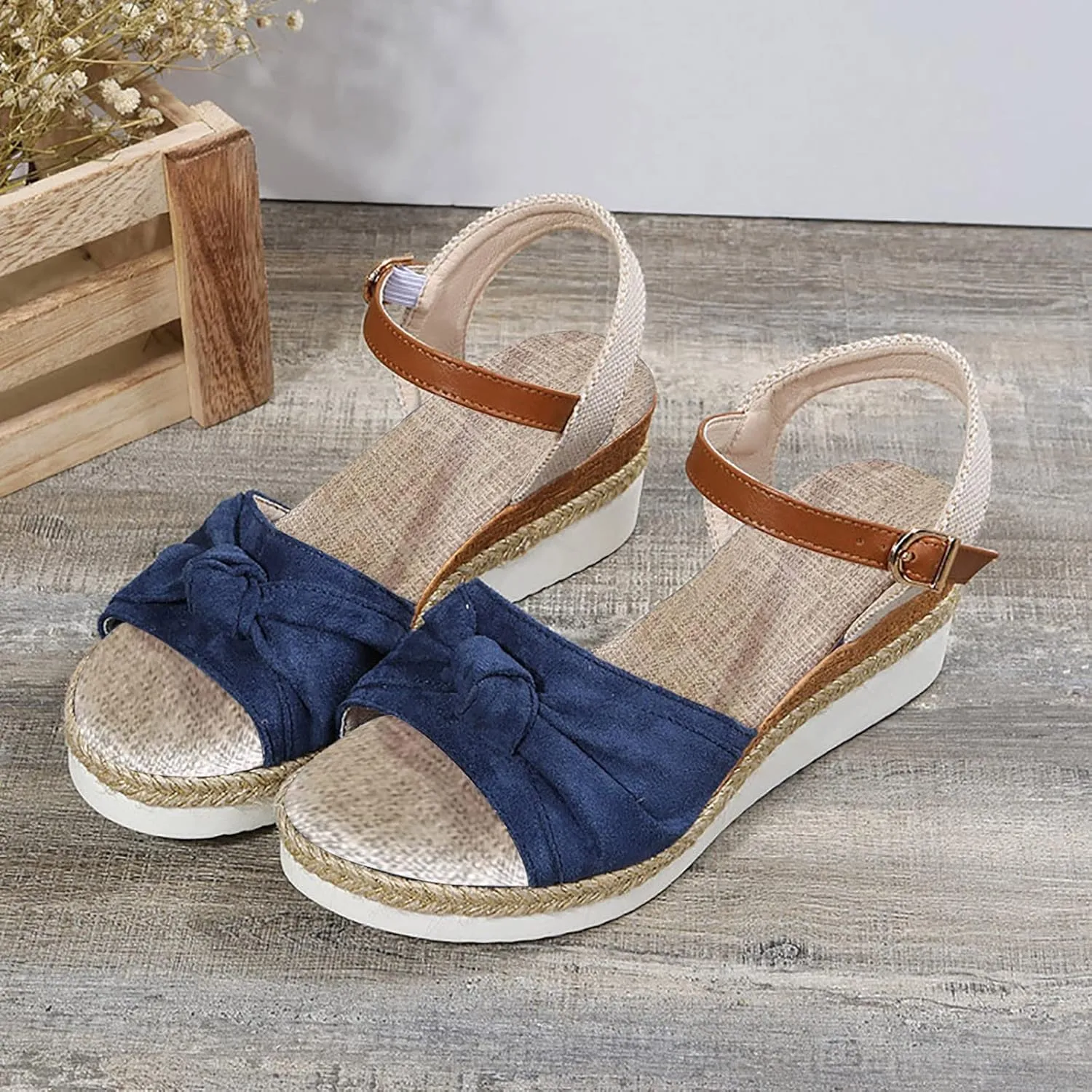 Orthopedic Wedge Sandals for Women Summer Platform Sandals Dressy Open Toe Ankle Strap Casual Low Heel Slip on Sandals Beach Dress Sandals Espadrille Sandals Comfortable Outdoor Shoes (04-Blue, 9)