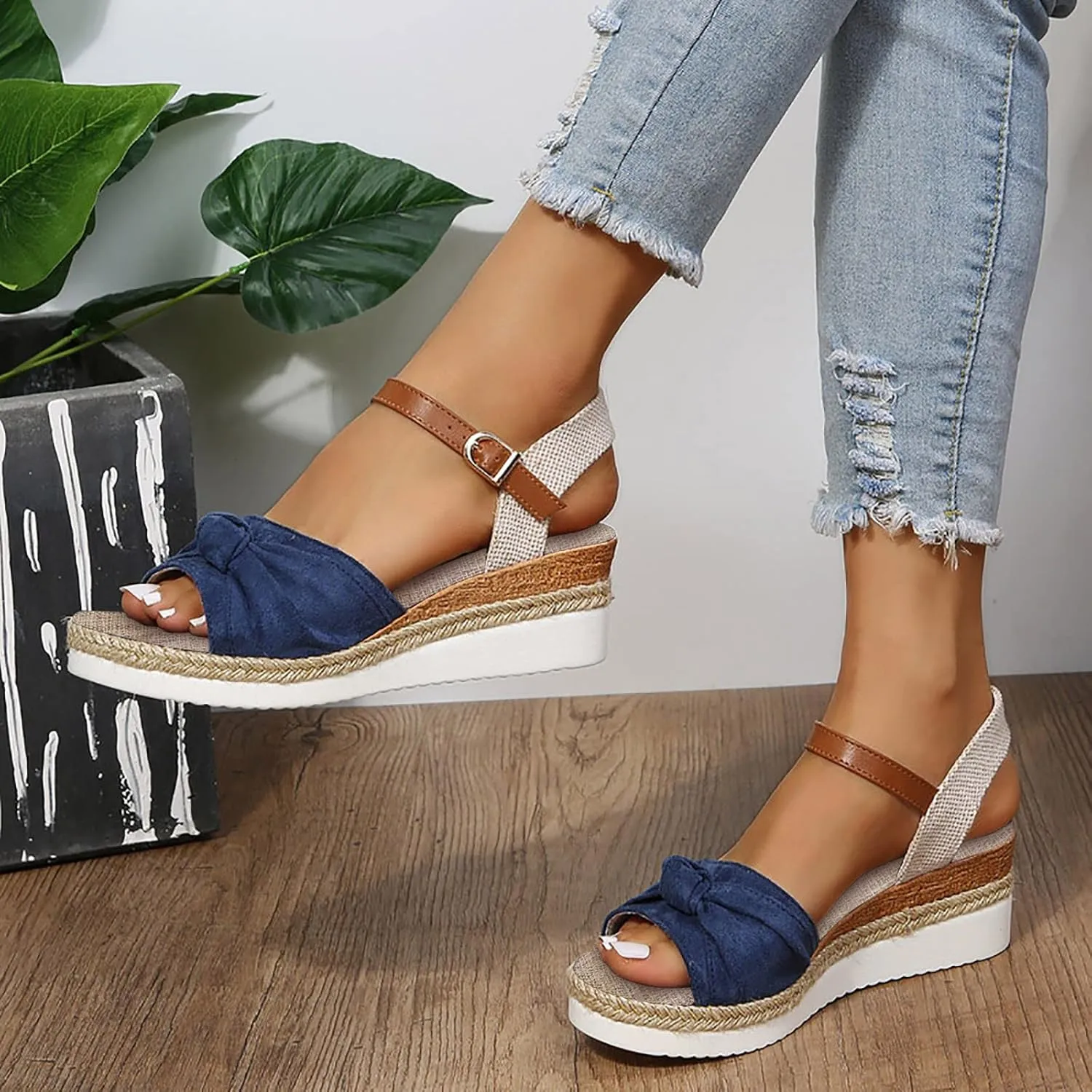 Orthopedic Wedge Sandals for Women Summer Platform Sandals Dressy Open Toe Ankle Strap Casual Low Heel Slip on Sandals Beach Dress Sandals Espadrille Sandals Comfortable Outdoor Shoes (04-Blue, 9)
