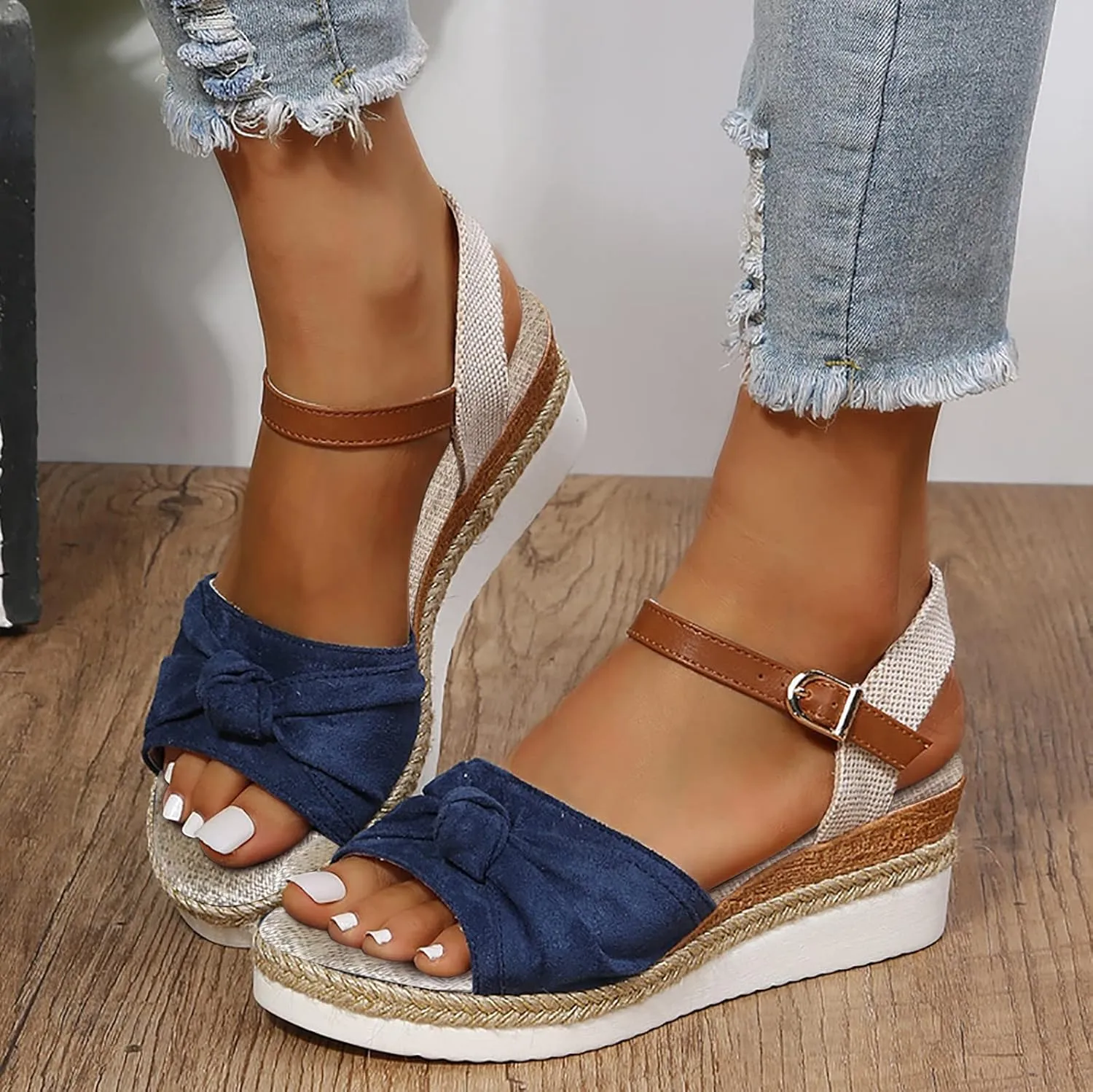 Orthopedic Wedge Sandals for Women Summer Platform Sandals Dressy Open Toe Ankle Strap Casual Low Heel Slip on Sandals Beach Dress Sandals Espadrille Sandals Comfortable Outdoor Shoes (04-Blue, 9)