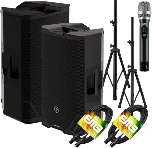 Pair of Mackie SRT215 1600W Powered PA Speaker with 15-inch Woofer, 4-Channel Digital Mixer, Impulse DSP Bluetooth with EMB Cables and Stands Bundle