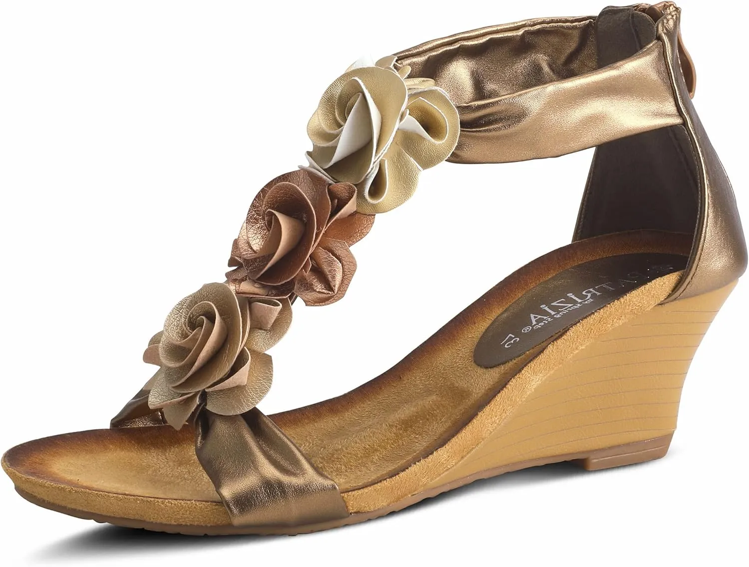 PATRIZIA Women's HARLEQUIN Ankle Strap T-Strap Wedge Sandals - Floral Design, Cushioned Insole, Back Zipper
