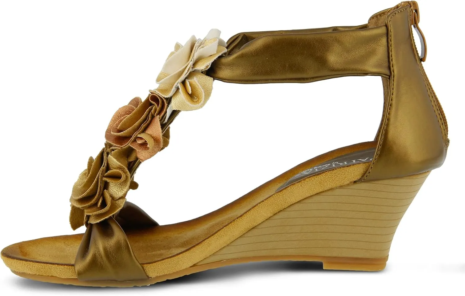 PATRIZIA Women's HARLEQUIN Ankle Strap T-Strap Wedge Sandals - Floral Design, Cushioned Insole, Back Zipper