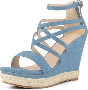 Perphy Platform Denim Heels Strappy Jeans Wedge Sandals for Women