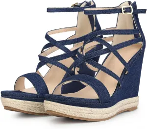 Perphy Platform Denim Heels Strappy Jeans Wedge Sandals for Women