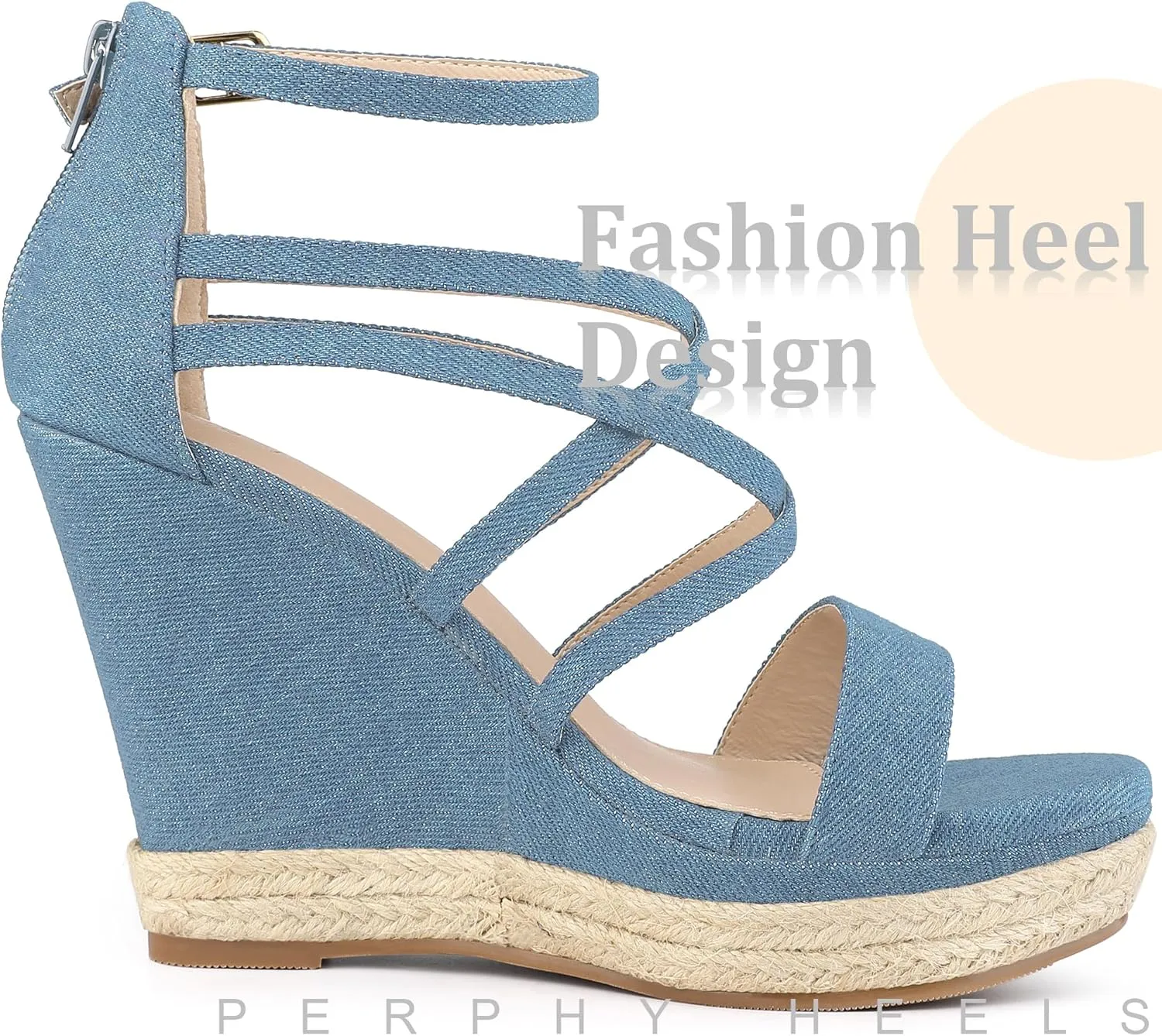 Perphy Platform Denim Heels Strappy Jeans Wedge Sandals for Women
