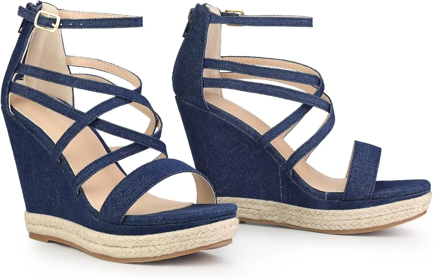 Perphy Platform Denim Heels Strappy Jeans Wedge Sandals for Women