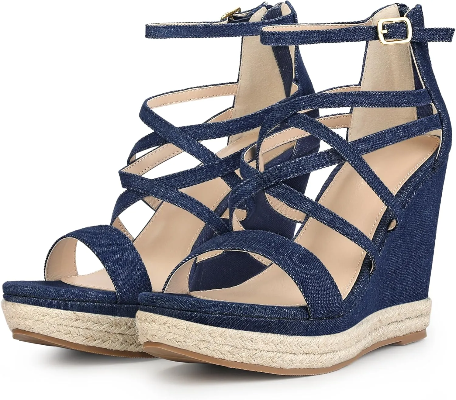 Perphy Platform Denim Heels Strappy Jeans Wedge Sandals for Women