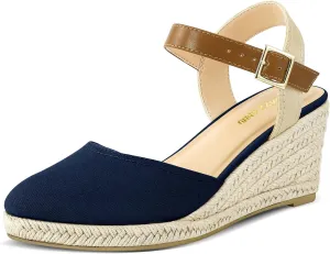 PIZZ ANNU Women's Espadrille Low Wedge Heel Sandals with Buckle Ankle Strap Close Toe Casual Dressy Summer Platform Shoes
