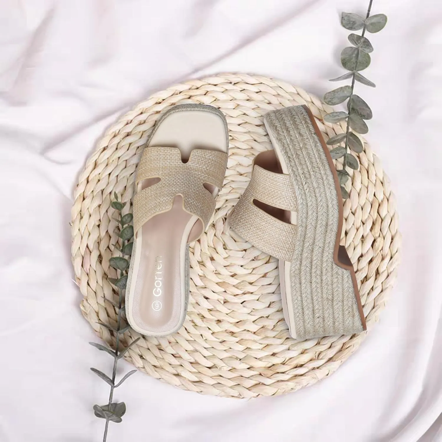 Platform Espadrille Sandals for Women Slip-On Wedge Slides Fashionable Open-Toe Chunky Sandals for Summer Outdoor Beach
