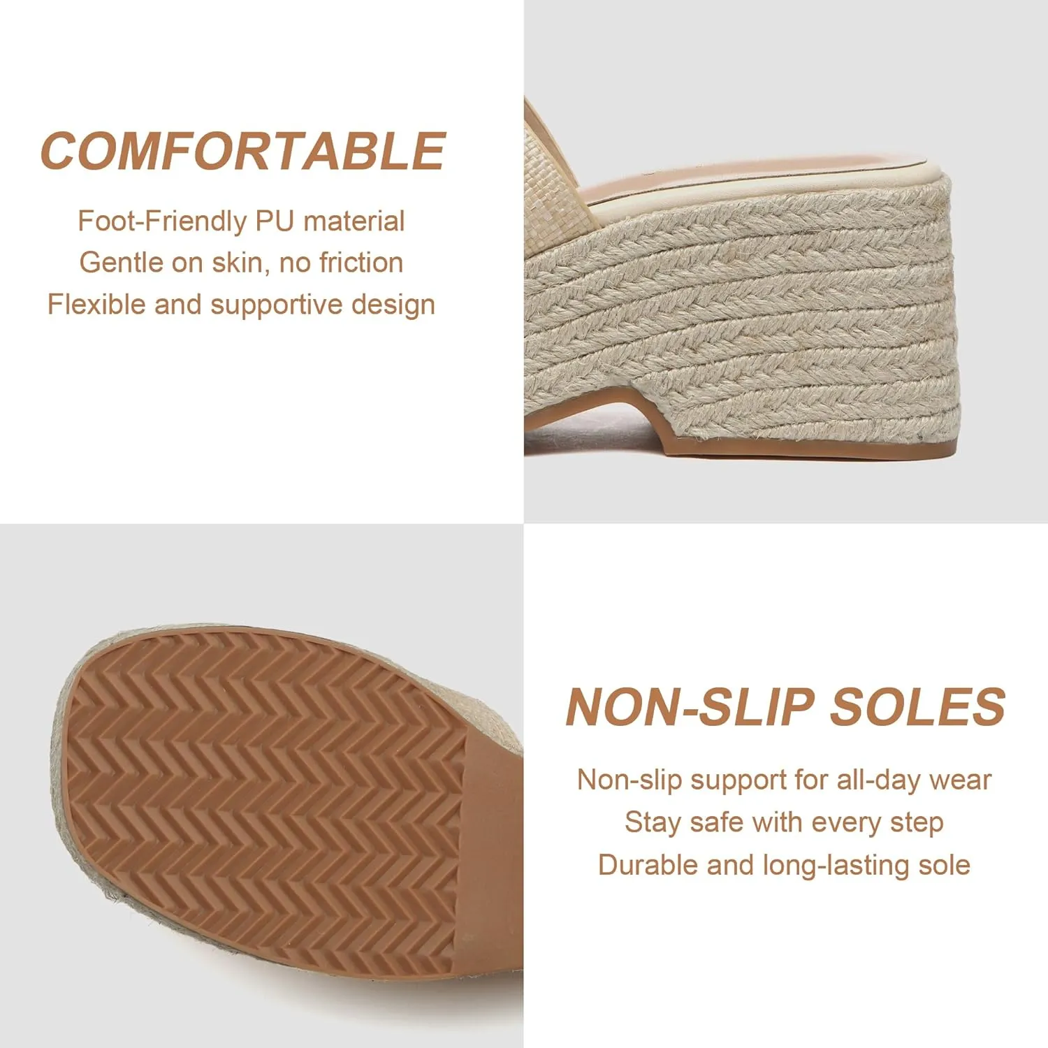 Platform Espadrille Sandals for Women Slip-On Wedge Slides Fashionable Open-Toe Chunky Sandals for Summer Outdoor Beach