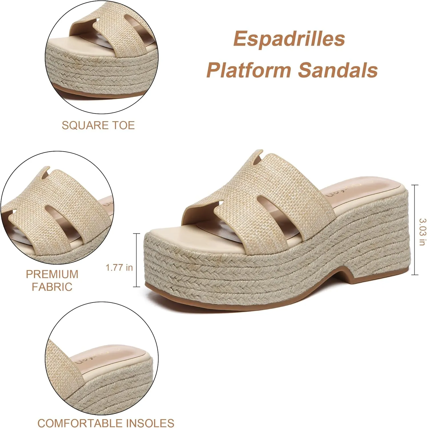 Platform Espadrille Sandals for Women Slip-On Wedge Slides Fashionable Open-Toe Chunky Sandals for Summer Outdoor Beach