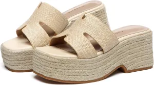 Platform Espadrille Sandals for Women Slip-On Wedge Slides Fashionable Open-Toe Chunky Sandals for Summer Outdoor Beach