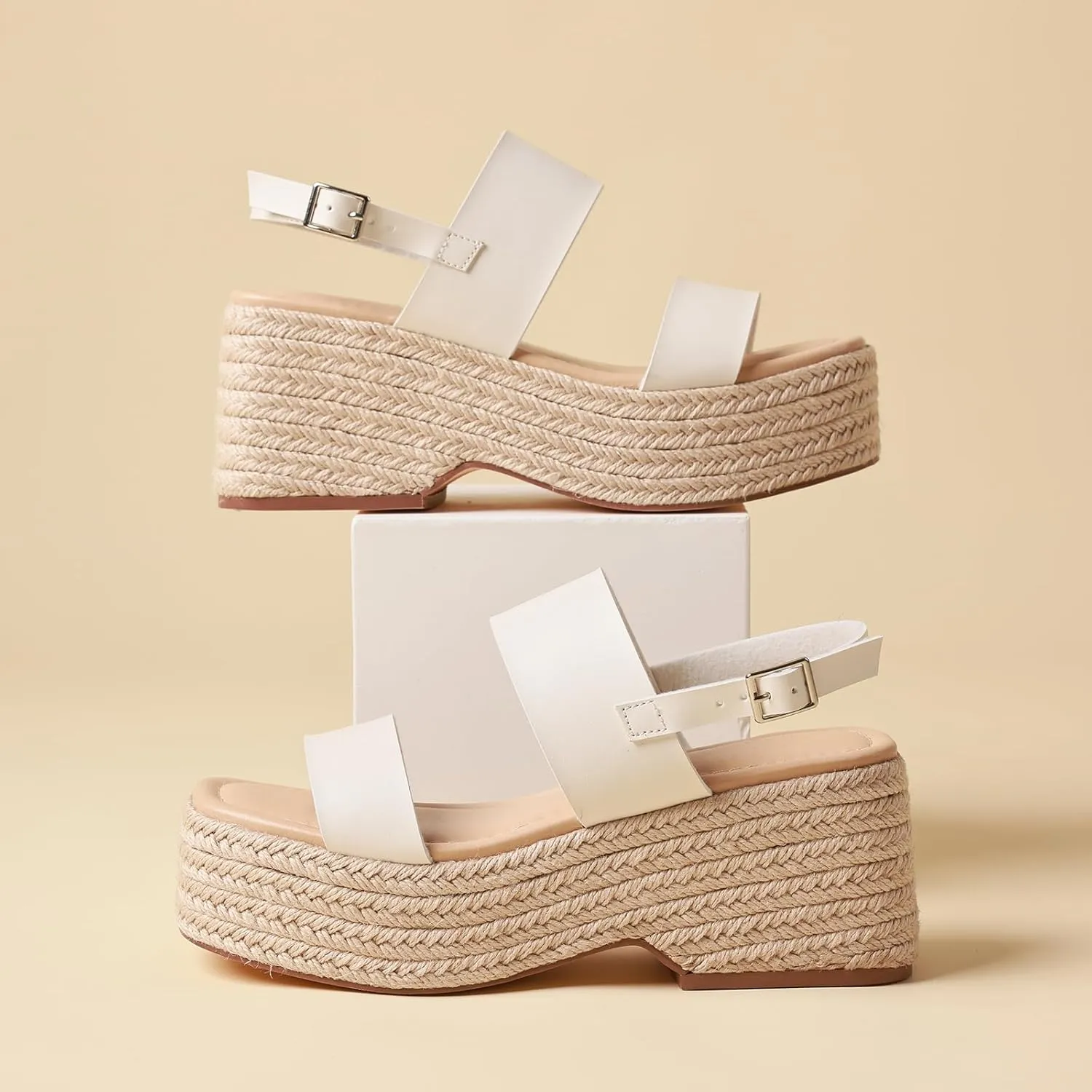 Platform Sandals Women Open Toe Ankle Strap Summer Wedge Espadrille Sandals Cute Beach Straw Raffia Woven Sandals Comfortable Vacation Dress Shoes