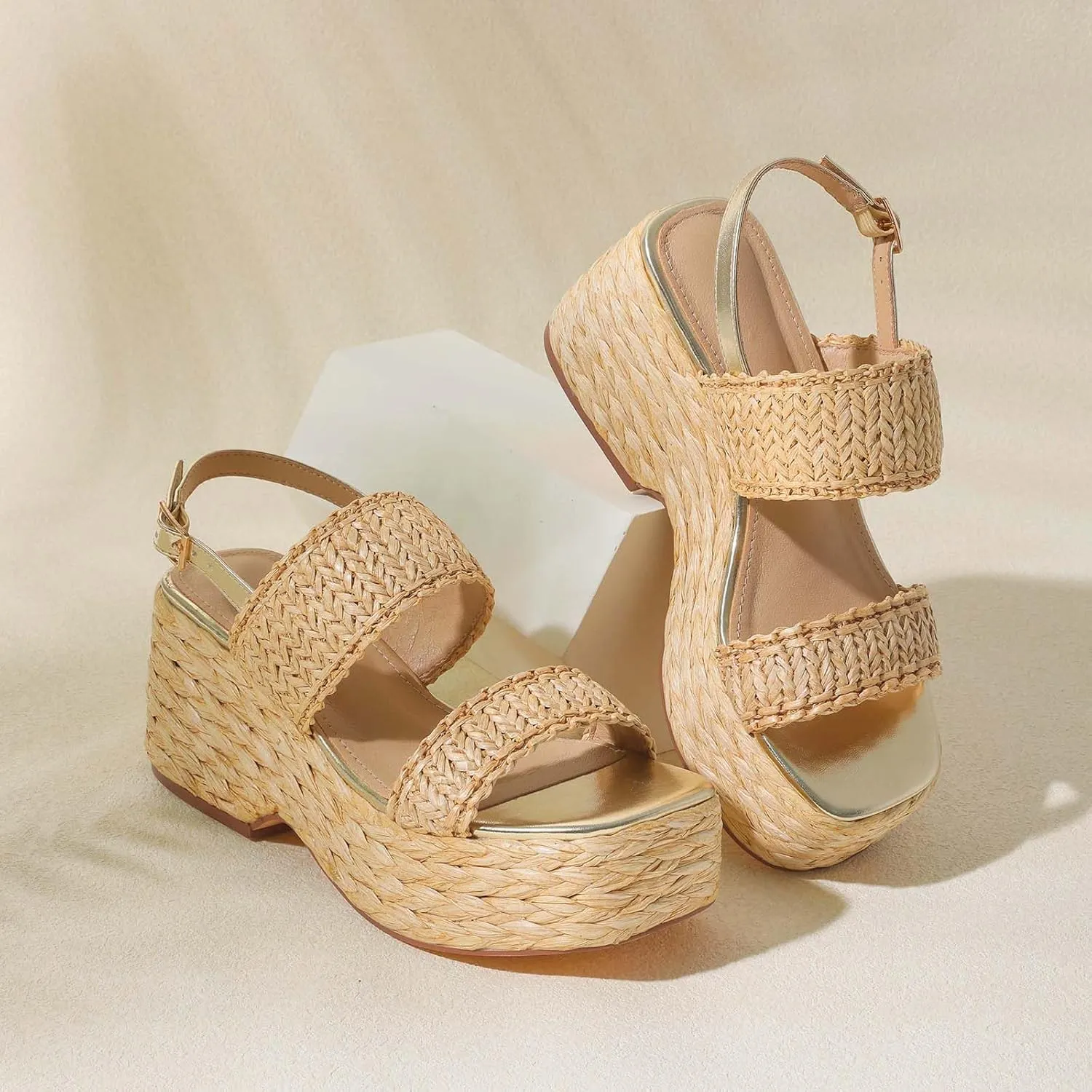 Platform Sandals Women Open Toe Ankle Strap Summer Wedge Espadrille Sandals Cute Beach Straw Raffia Woven Sandals Comfortable Vacation Dress Shoes