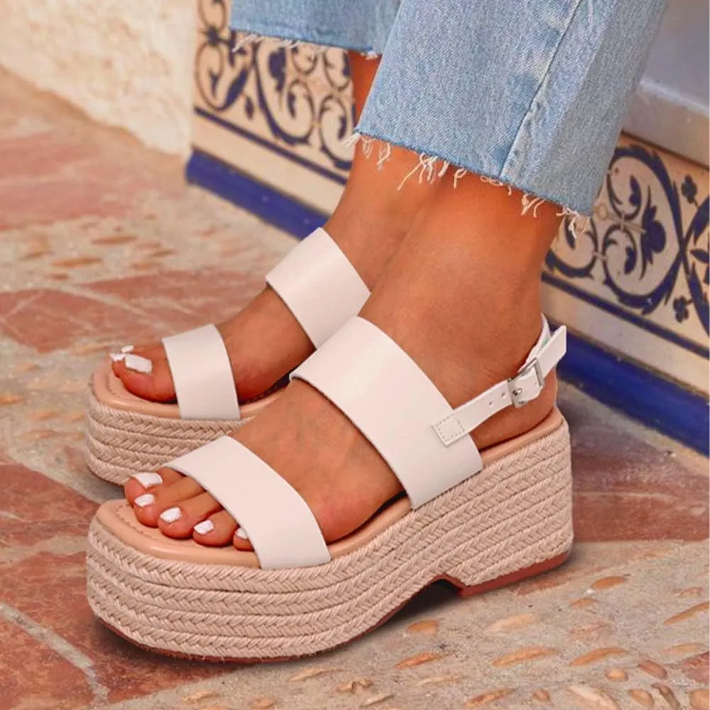 Platform Sandals Women Open Toe Ankle Strap Summer Wedge Espadrille Sandals Cute Beach Straw Raffia Woven Sandals Comfortable Vacation Dress Shoes