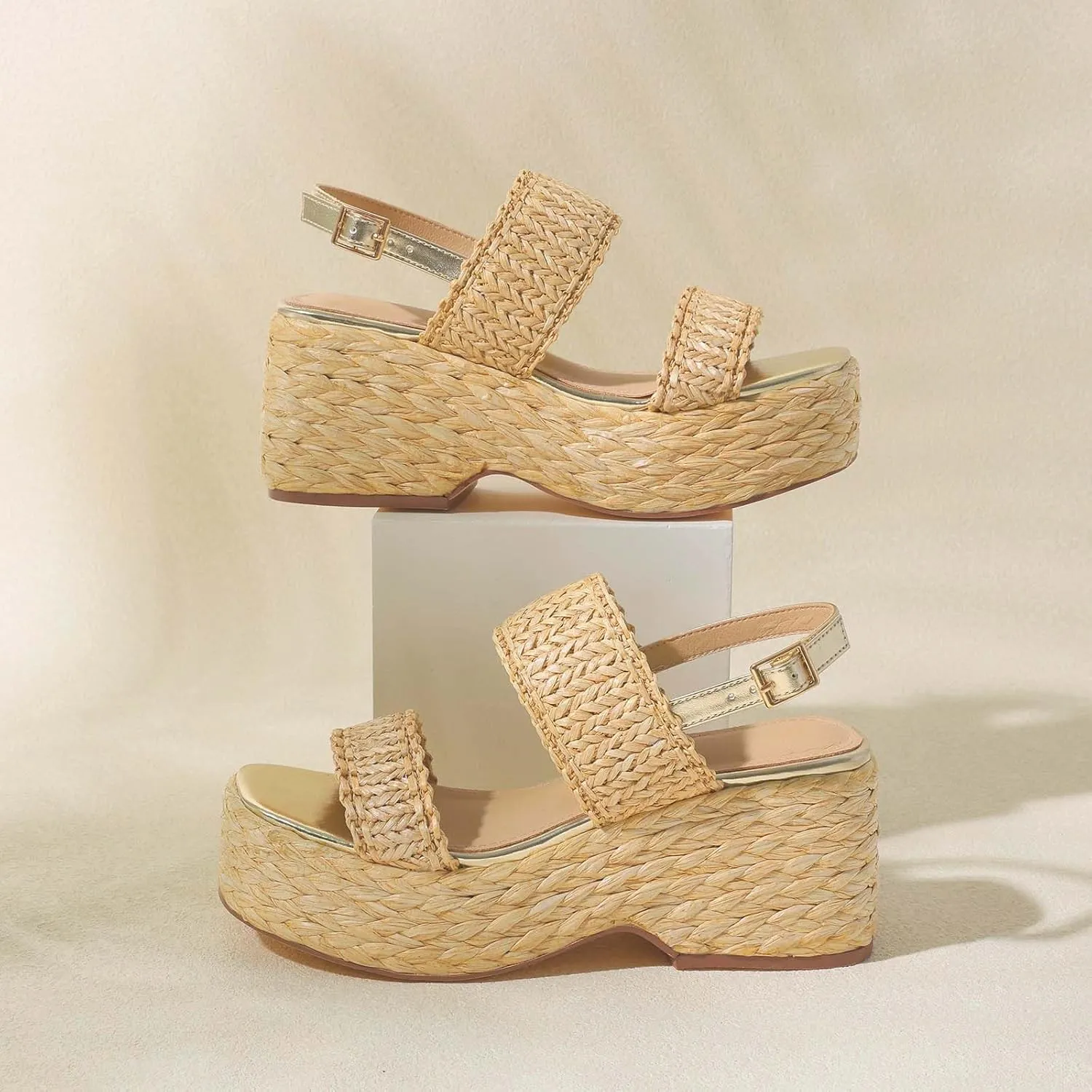 Platform Sandals Women Open Toe Ankle Strap Summer Wedge Espadrille Sandals Cute Beach Straw Raffia Woven Sandals Comfortable Vacation Dress Shoes