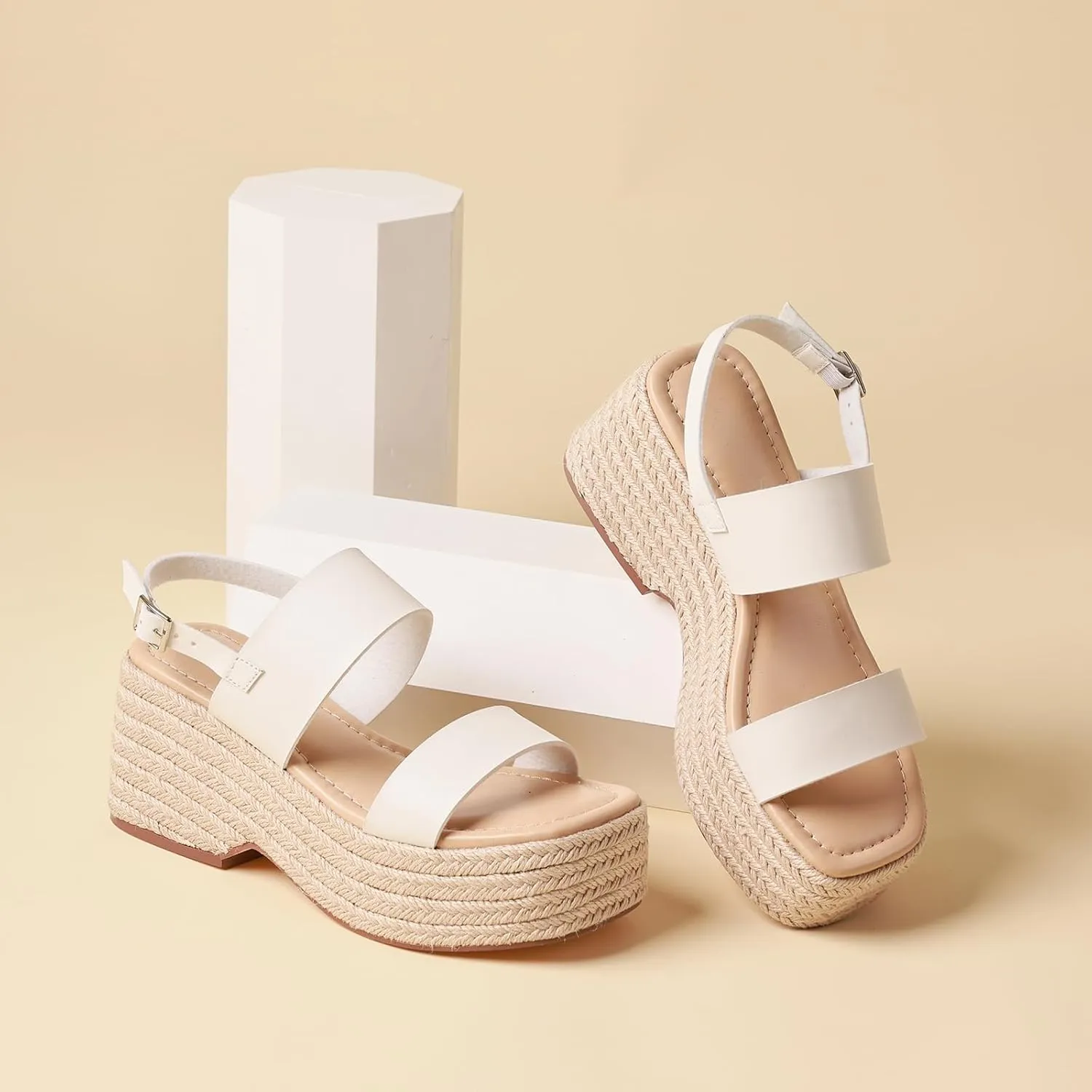 Platform Sandals Women Open Toe Ankle Strap Summer Wedge Espadrille Sandals Cute Beach Straw Raffia Woven Sandals Comfortable Vacation Dress Shoes