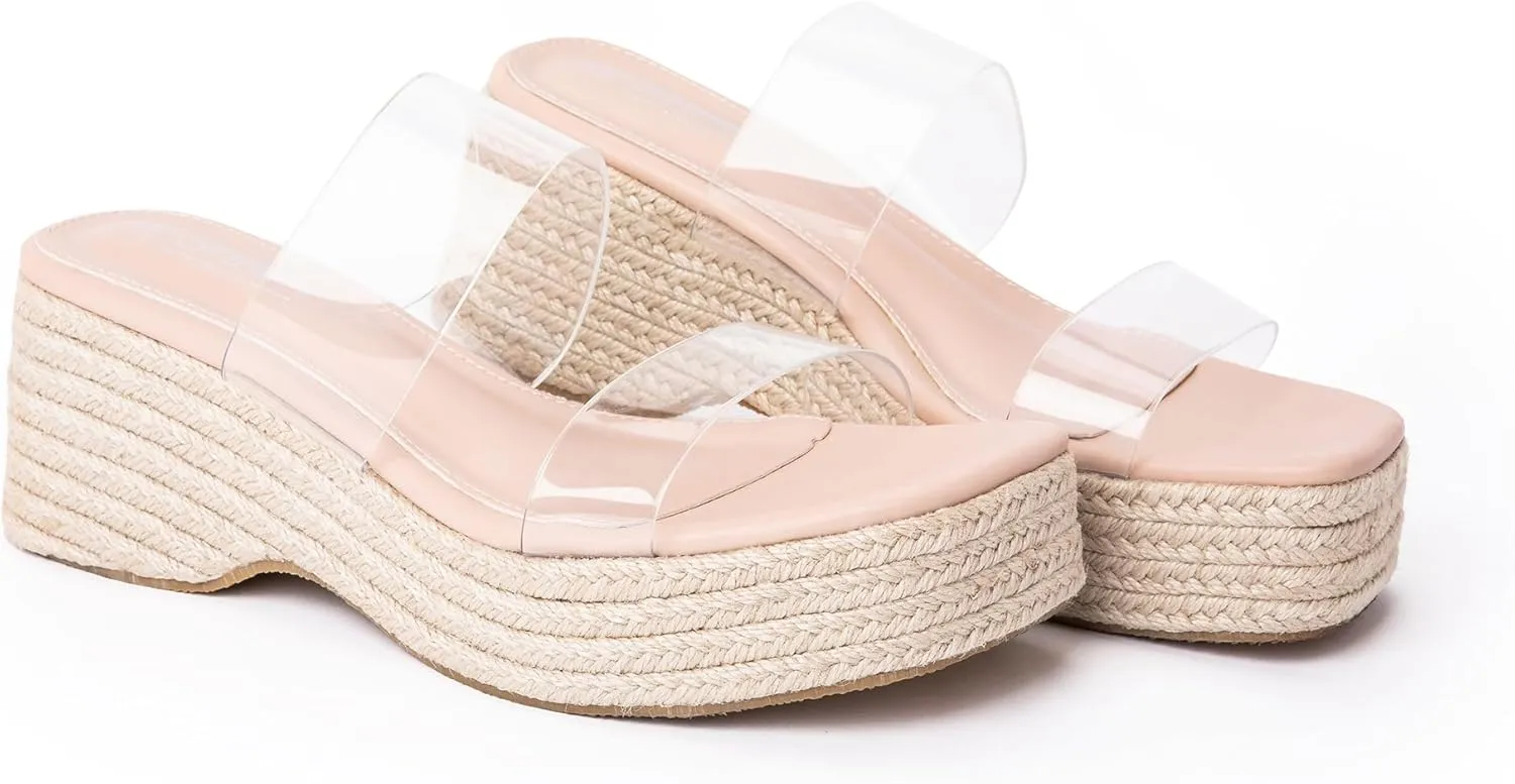 Platform Slip on Espadrille Sandals for Women Clear Two Strap Stylish Wedges Slides Sandals Dressy Platform Open Toe Beach Sandals
