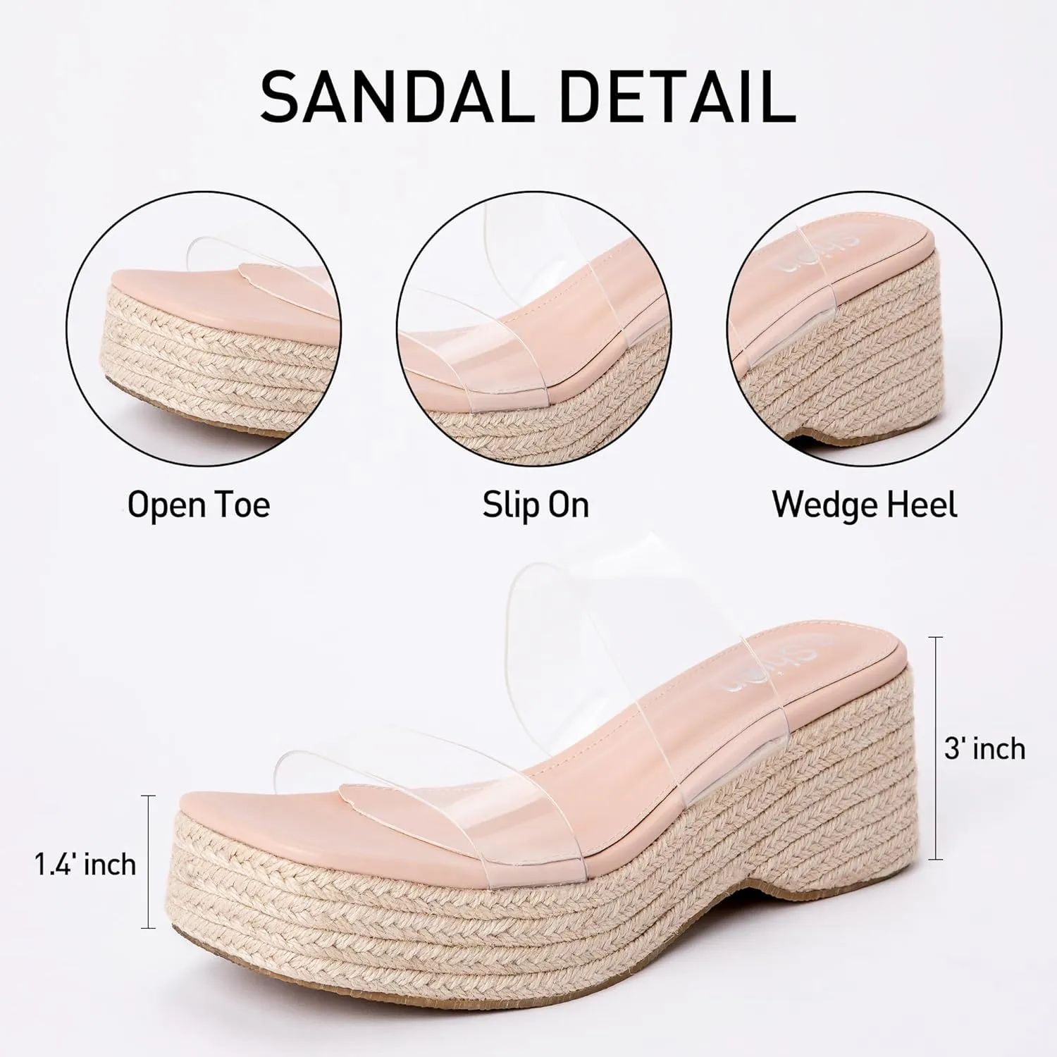 Platform Slip on Espadrille Sandals for Women Clear Two Strap Stylish Wedges Slides Sandals Dressy Platform Open Toe Beach Sandals