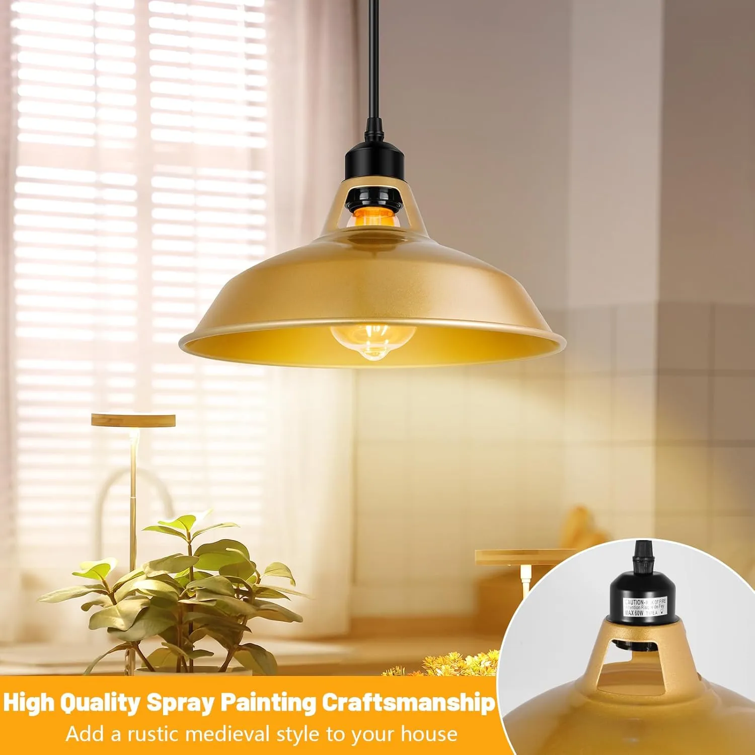 Plug in Gold Pendant Light, Mid Century Hanging Lights with Plug in Cord 14.76ft, Adjustable Pulley, Rustic Hanging Ceiling Lamp with On/Off Switch for Kitchen, Living Room, Pool Table (2 Pack)